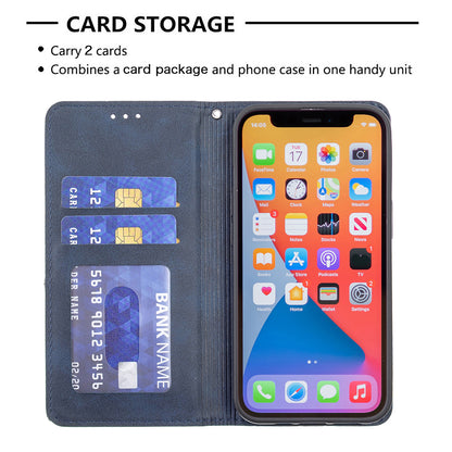 For iPhone 13 Pro 6.1 inch Strong Magnet Geometric Splicing Pattern Leather Case Card Holder Shell with Stand
