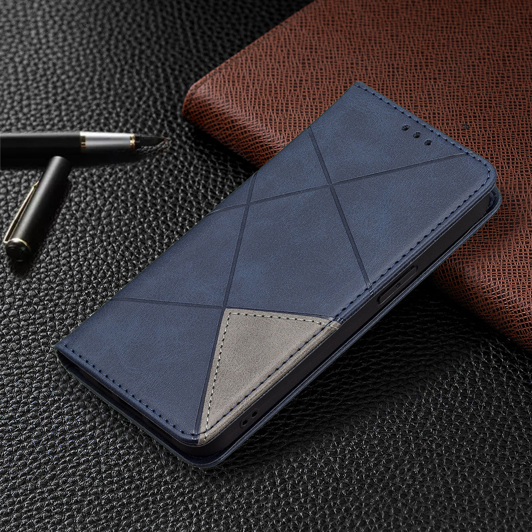 For iPhone 13 Pro 6.1 inch Strong Magnet Geometric Splicing Pattern Leather Case Card Holder Shell with Stand