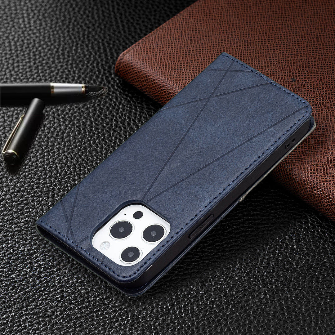 For iPhone 13 Pro 6.1 inch Strong Magnet Geometric Splicing Pattern Leather Case Card Holder Shell with Stand