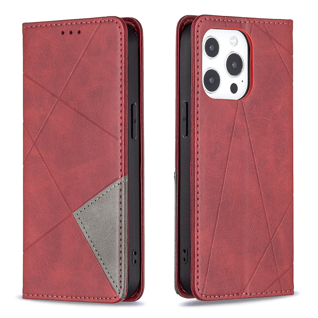 For iPhone 13 Pro 6.1 inch Strong Magnet Geometric Splicing Pattern Leather Case Card Holder Shell with Stand