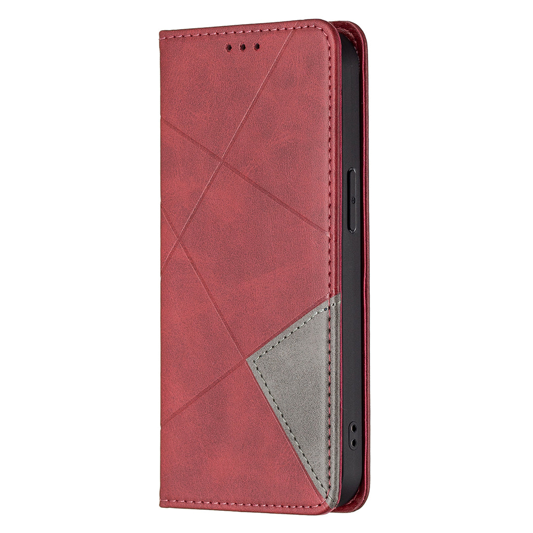 For iPhone 13 Pro 6.1 inch Strong Magnet Geometric Splicing Pattern Leather Case Card Holder Shell with Stand