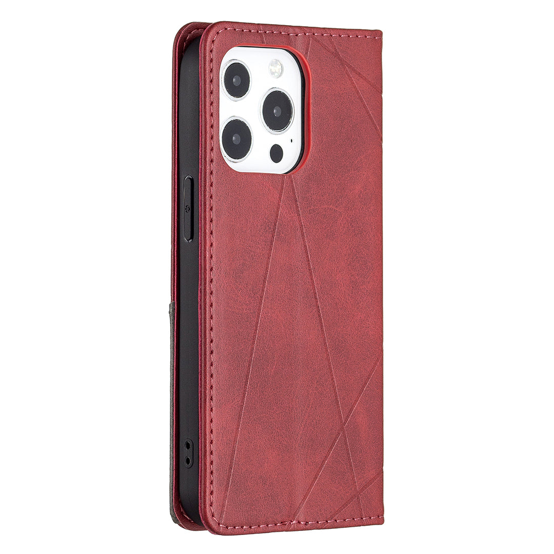For iPhone 13 Pro 6.1 inch Strong Magnet Geometric Splicing Pattern Leather Case Card Holder Shell with Stand