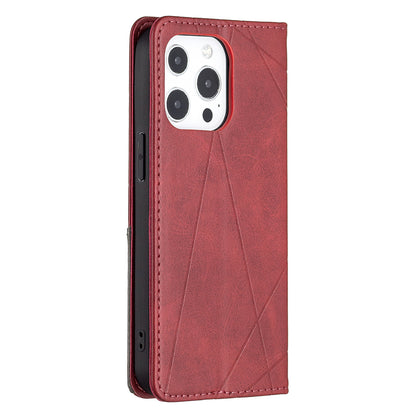 For iPhone 13 Pro 6.1 inch Strong Magnet Geometric Splicing Pattern Leather Case Card Holder Shell with Stand