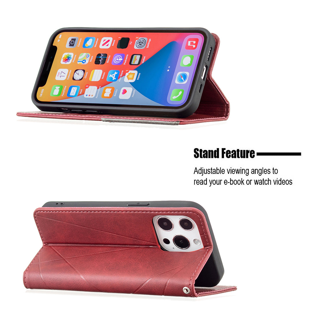 For iPhone 13 Pro 6.1 inch Strong Magnet Geometric Splicing Pattern Leather Case Card Holder Shell with Stand
