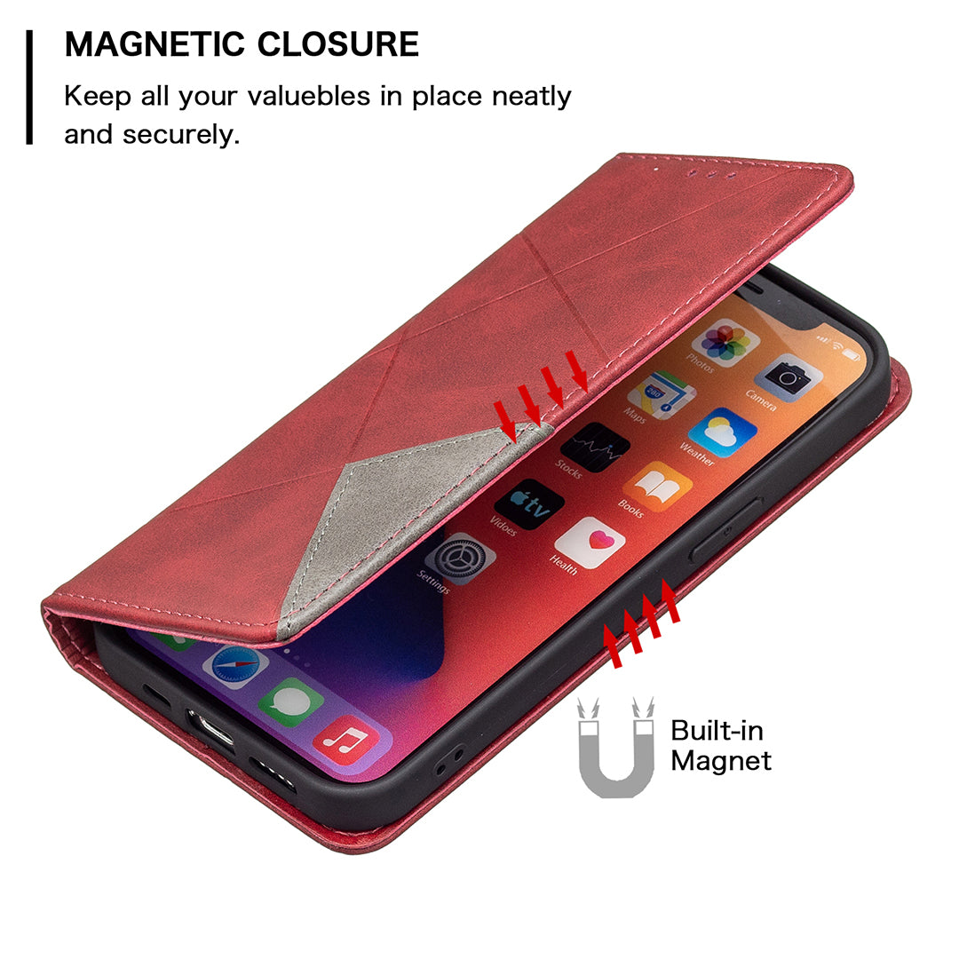 For iPhone 13 Pro 6.1 inch Strong Magnet Geometric Splicing Pattern Leather Case Card Holder Shell with Stand