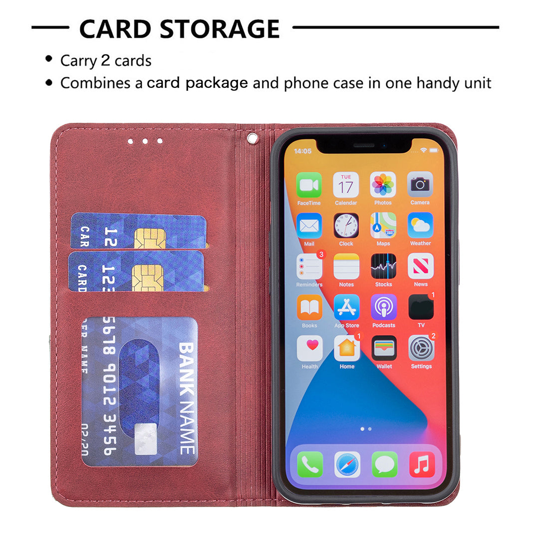 For iPhone 13 Pro 6.1 inch Strong Magnet Geometric Splicing Pattern Leather Case Card Holder Shell with Stand
