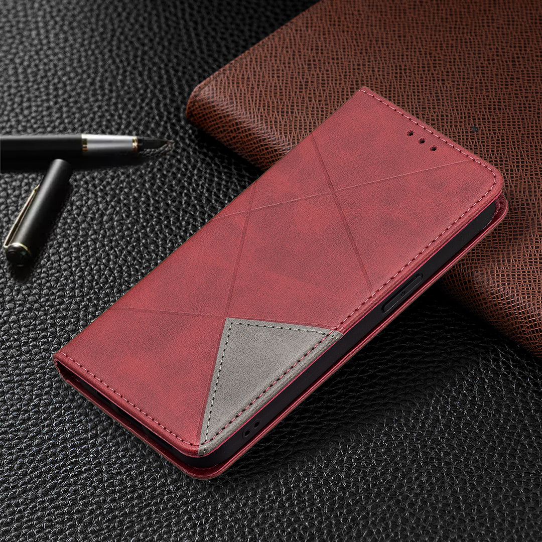 For iPhone 13 Pro 6.1 inch Strong Magnet Geometric Splicing Pattern Leather Case Card Holder Shell with Stand