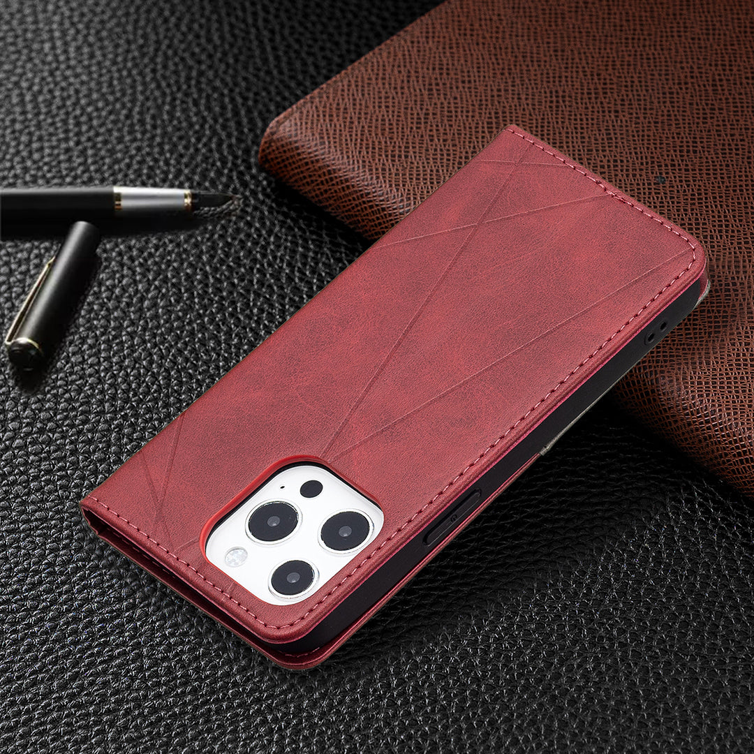For iPhone 13 Pro 6.1 inch Strong Magnet Geometric Splicing Pattern Leather Case Card Holder Shell with Stand