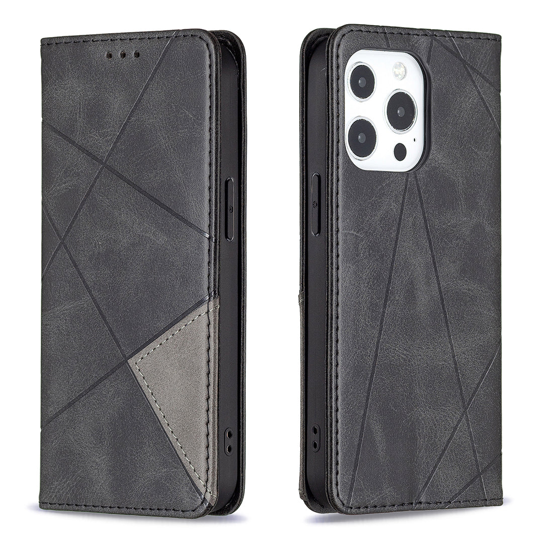 For iPhone 13 Pro 6.1 inch Strong Magnet Geometric Splicing Pattern Leather Case Card Holder Shell with Stand