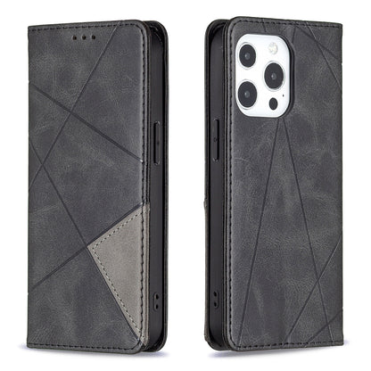 For iPhone 13 Pro 6.1 inch Strong Magnet Geometric Splicing Pattern Leather Case Card Holder Shell with Stand
