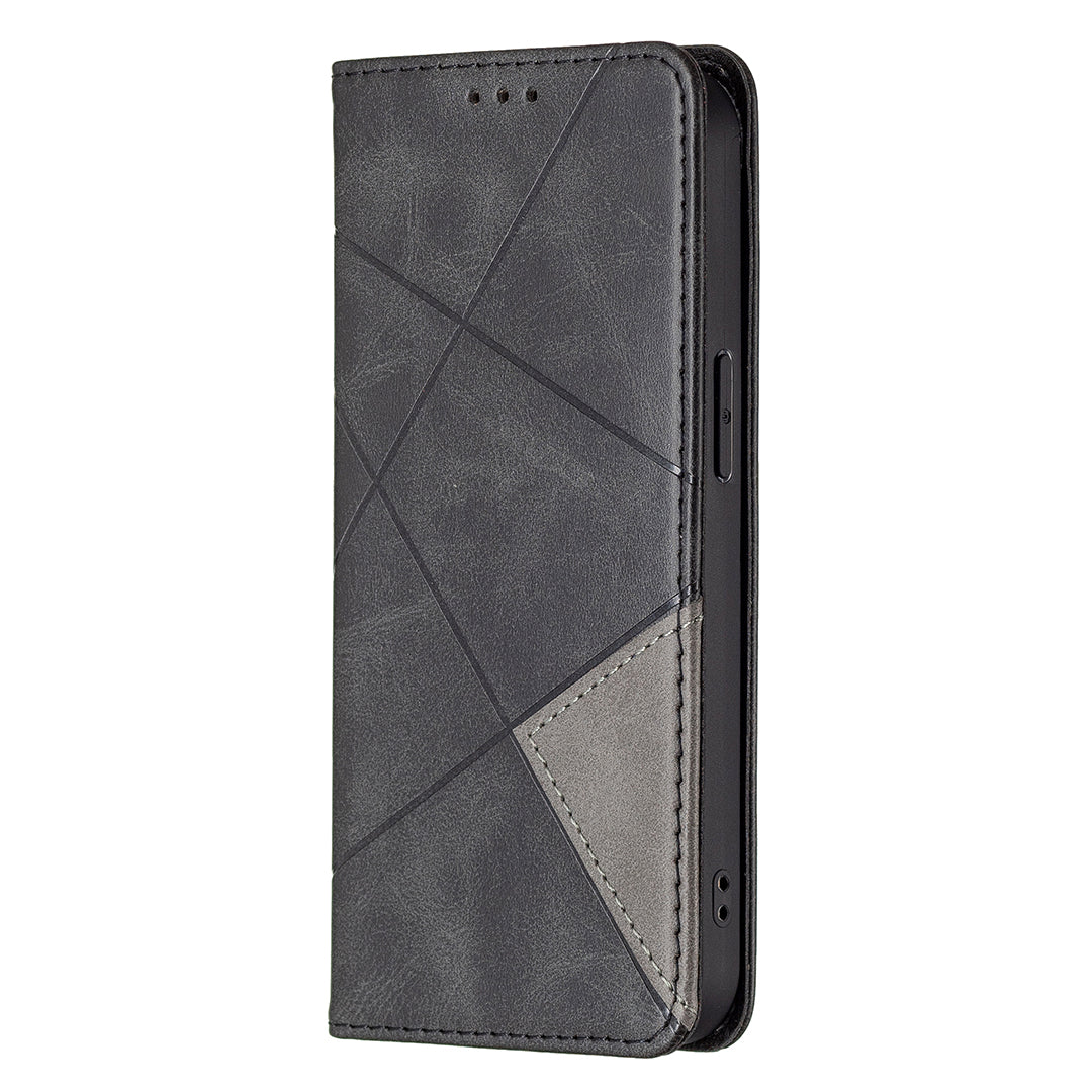For iPhone 13 Pro 6.1 inch Strong Magnet Geometric Splicing Pattern Leather Case Card Holder Shell with Stand