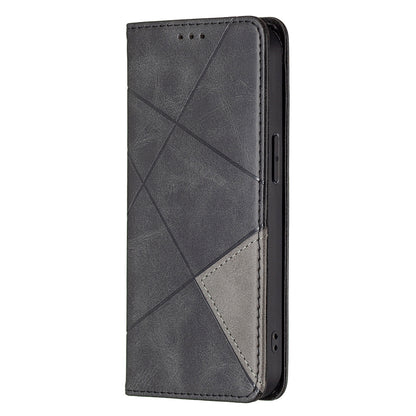 For iPhone 13 Pro 6.1 inch Strong Magnet Geometric Splicing Pattern Leather Case Card Holder Shell with Stand