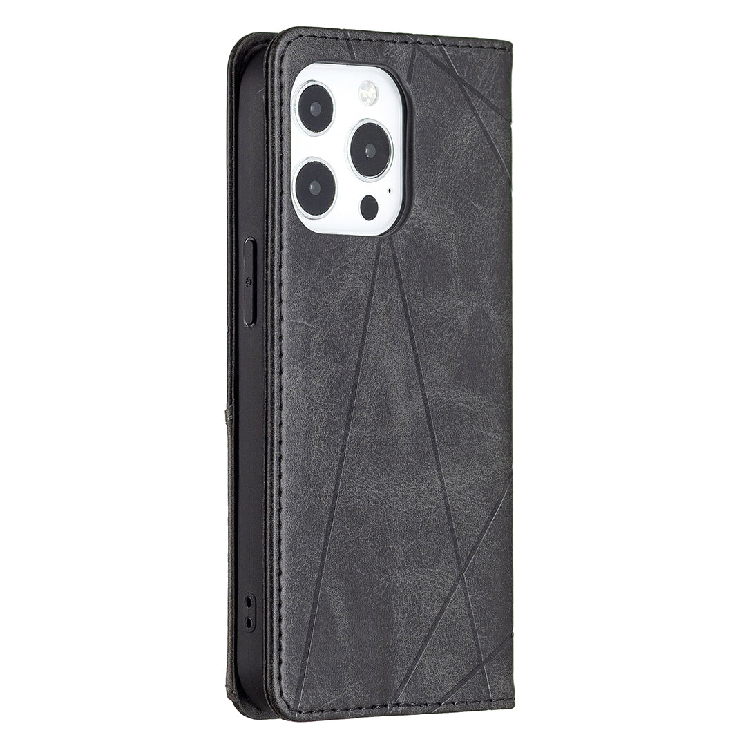 For iPhone 13 Pro 6.1 inch Strong Magnet Geometric Splicing Pattern Leather Case Card Holder Shell with Stand