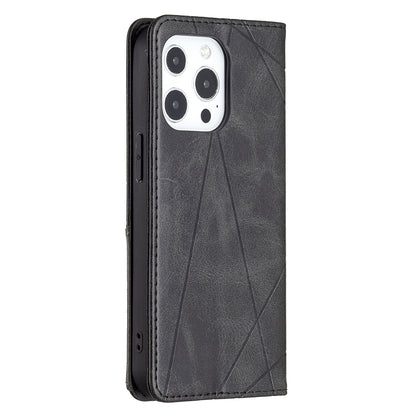 For iPhone 13 Pro 6.1 inch Strong Magnet Geometric Splicing Pattern Leather Case Card Holder Shell with Stand
