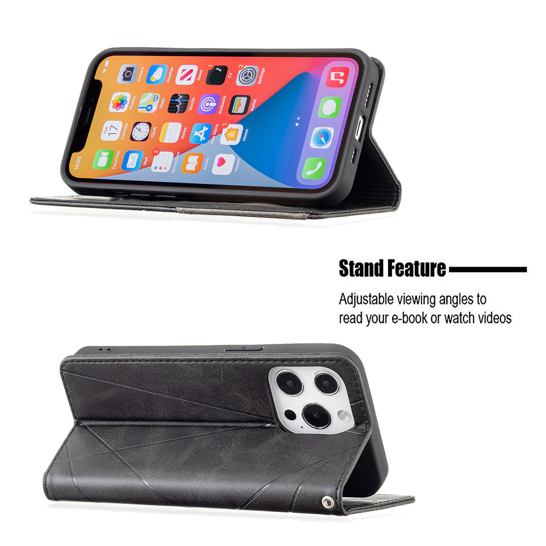 For iPhone 13 Pro 6.1 inch Strong Magnet Geometric Splicing Pattern Leather Case Card Holder Shell with Stand