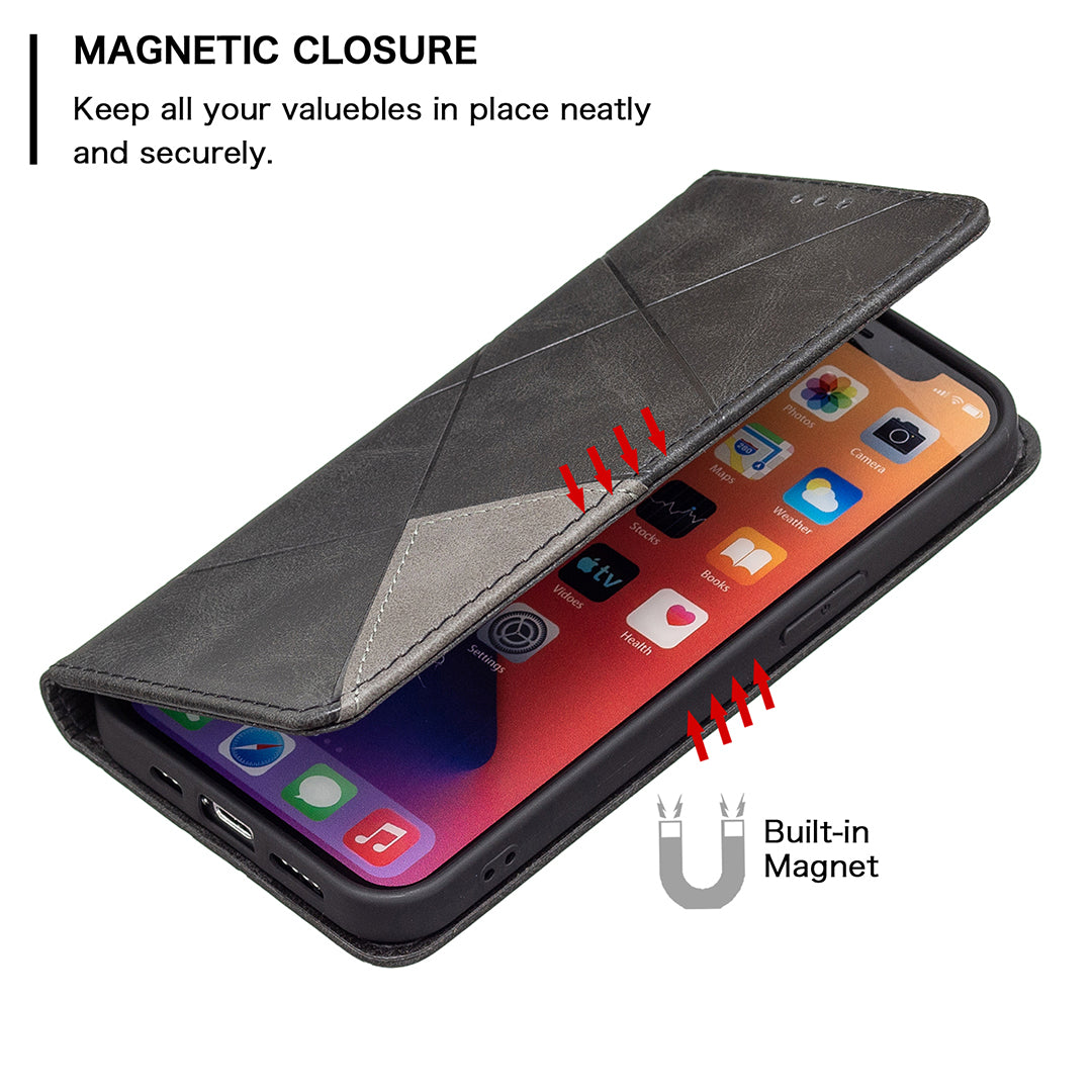For iPhone 13 Pro 6.1 inch Strong Magnet Geometric Splicing Pattern Leather Case Card Holder Shell with Stand