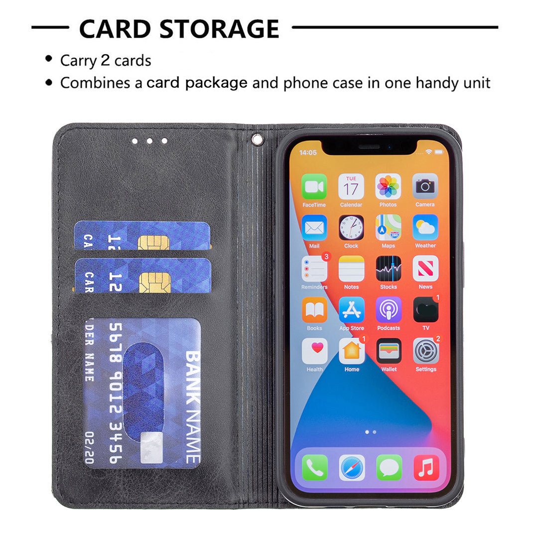 For iPhone 13 Pro 6.1 inch Strong Magnet Geometric Splicing Pattern Leather Case Card Holder Shell with Stand