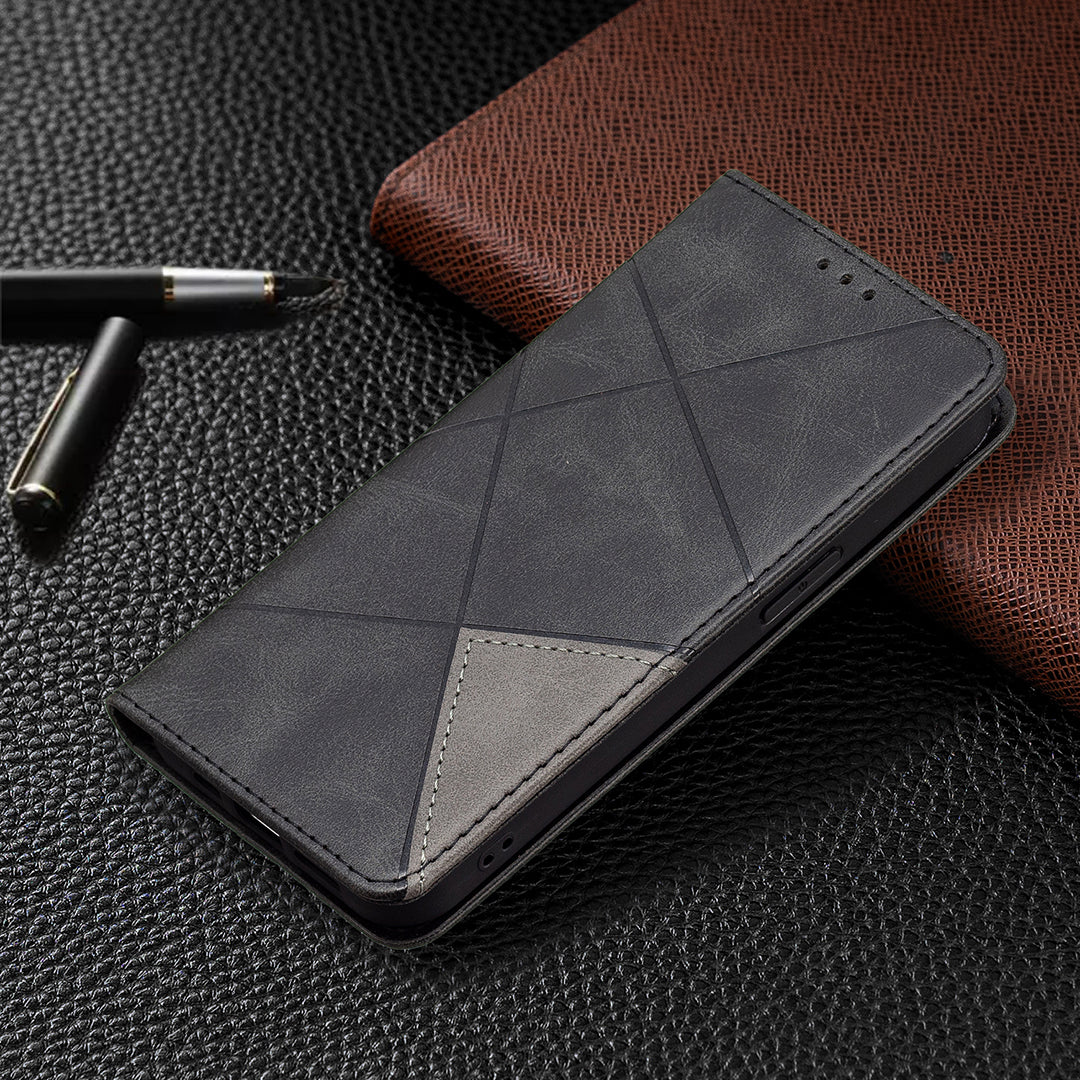 For iPhone 13 Pro 6.1 inch Strong Magnet Geometric Splicing Pattern Leather Case Card Holder Shell with Stand