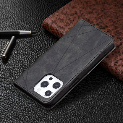 For iPhone 13 Pro 6.1 inch Strong Magnet Geometric Splicing Pattern Leather Case Card Holder Shell with Stand