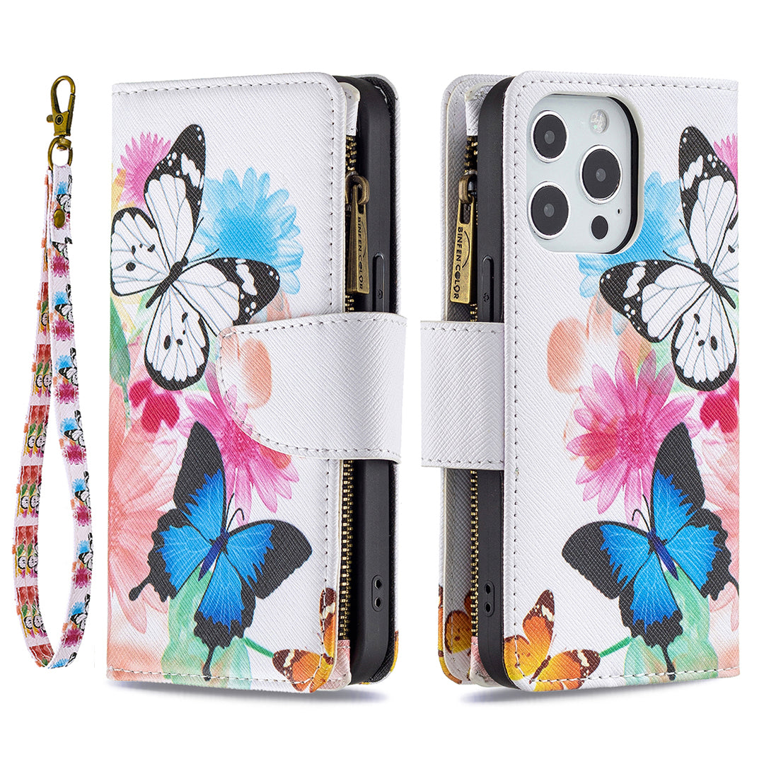 BF03 Pattern Printing Leather Stand Full Coverage Phone Cover with Wrist Strap and Zippered Wallet for iPhone 13 Pro 6.1 inch