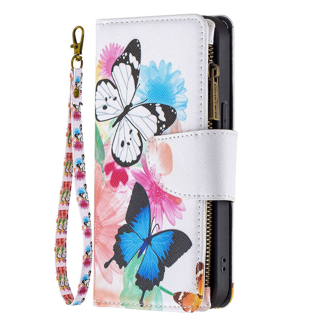 BF03 Pattern Printing Leather Stand Full Coverage Phone Cover with Wrist Strap and Zippered Wallet for iPhone 13 Pro 6.1 inch