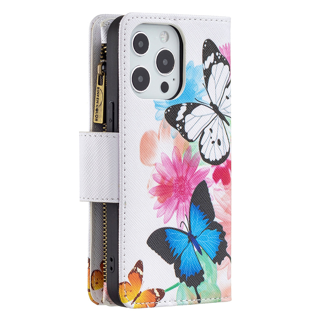 BF03 Pattern Printing Leather Stand Full Coverage Phone Cover with Wrist Strap and Zippered Wallet for iPhone 13 Pro 6.1 inch