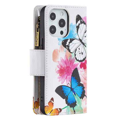 BF03 Pattern Printing Leather Stand Full Coverage Phone Cover with Wrist Strap and Zippered Wallet for iPhone 13 Pro 6.1 inch