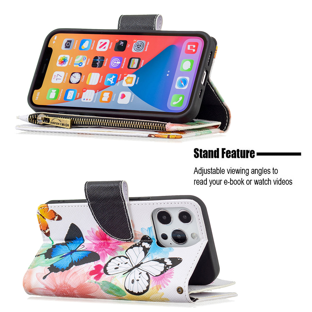 BF03 Pattern Printing Leather Stand Full Coverage Phone Cover with Wrist Strap and Zippered Wallet for iPhone 13 Pro 6.1 inch