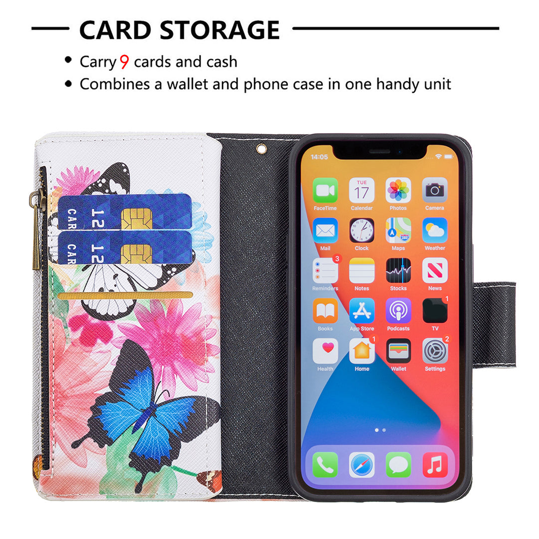 BF03 Pattern Printing Leather Stand Full Coverage Phone Cover with Wrist Strap and Zippered Wallet for iPhone 13 Pro 6.1 inch