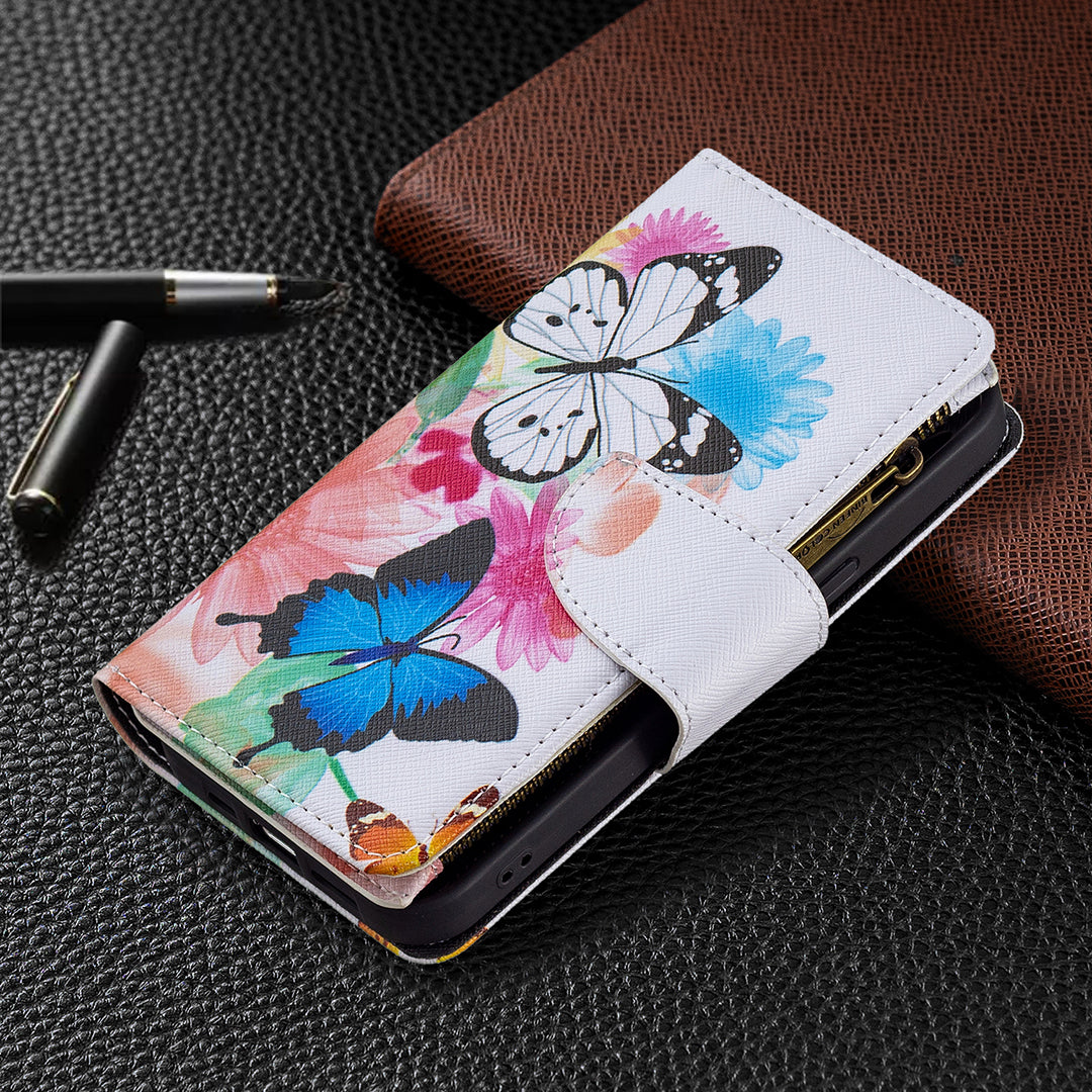 BF03 Pattern Printing Leather Stand Full Coverage Phone Cover with Wrist Strap and Zippered Wallet for iPhone 13 Pro 6.1 inch