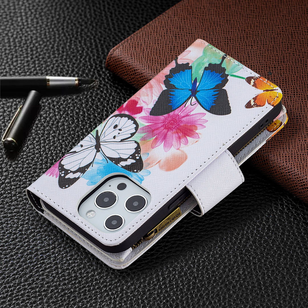 BF03 Pattern Printing Leather Stand Full Coverage Phone Cover with Wrist Strap and Zippered Wallet for iPhone 13 Pro 6.1 inch