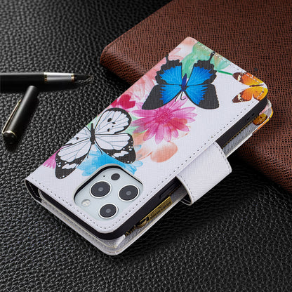 BF03 Pattern Printing Leather Stand Full Coverage Phone Cover with Wrist Strap and Zippered Wallet for iPhone 13 Pro 6.1 inch