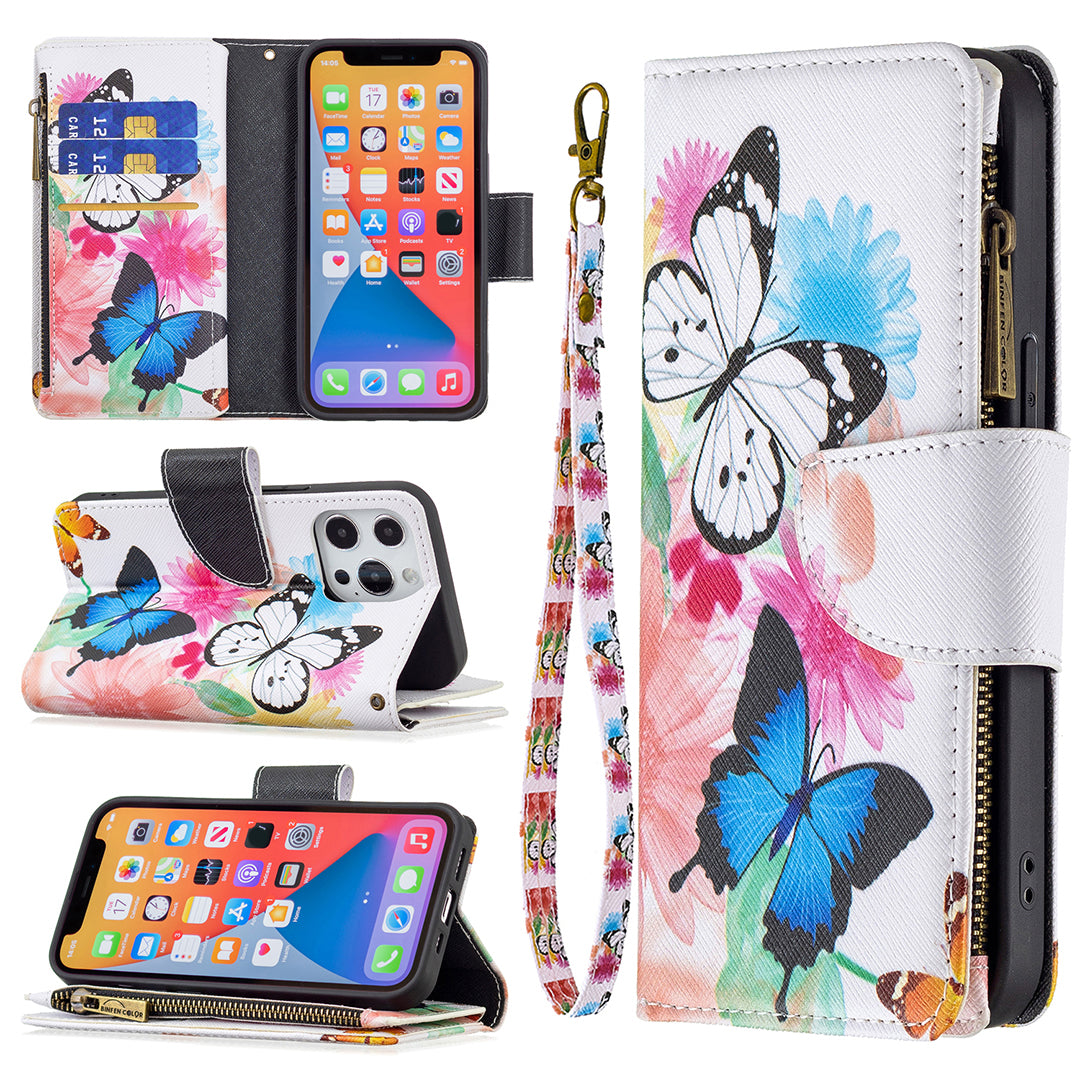 BF03 Pattern Printing Leather Stand Full Coverage Phone Cover with Wrist Strap and Zippered Wallet for iPhone 13 Pro 6.1 inch