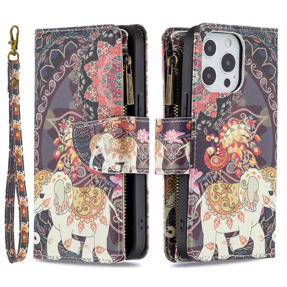 BF03 Pattern Printing Leather Stand Full Coverage Phone Cover with Wrist Strap and Zippered Wallet for iPhone 13 Pro 6.1 inch