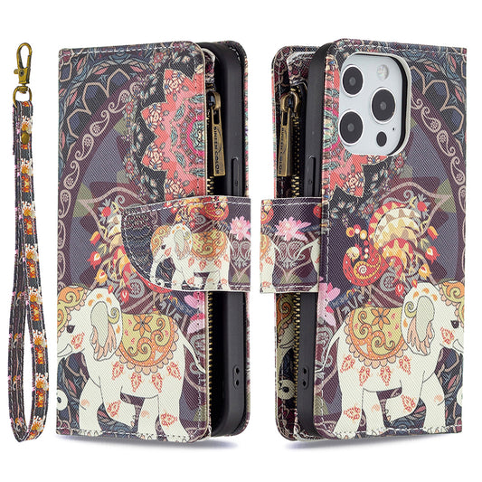 BF03 Pattern Printing Leather Stand Full Coverage Phone Cover with Wrist Strap and Zippered Wallet for iPhone 13 Pro 6.1 inch
