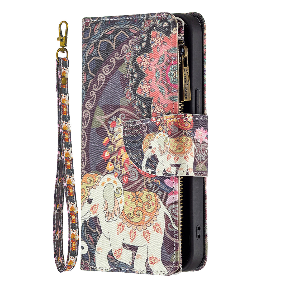 BF03 Pattern Printing Leather Stand Full Coverage Phone Cover with Wrist Strap and Zippered Wallet for iPhone 13 Pro 6.1 inch
