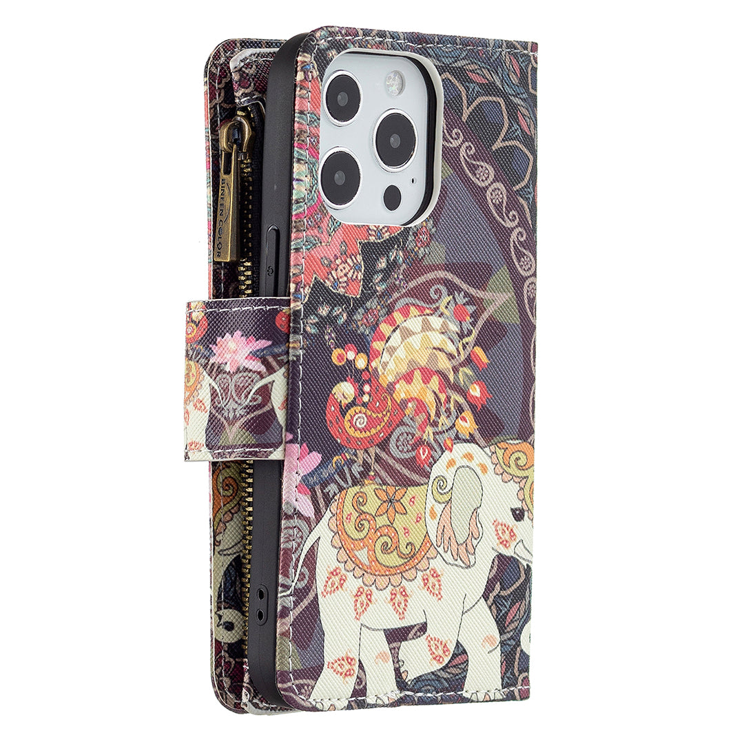 BF03 Pattern Printing Leather Stand Full Coverage Phone Cover with Wrist Strap and Zippered Wallet for iPhone 13 Pro 6.1 inch