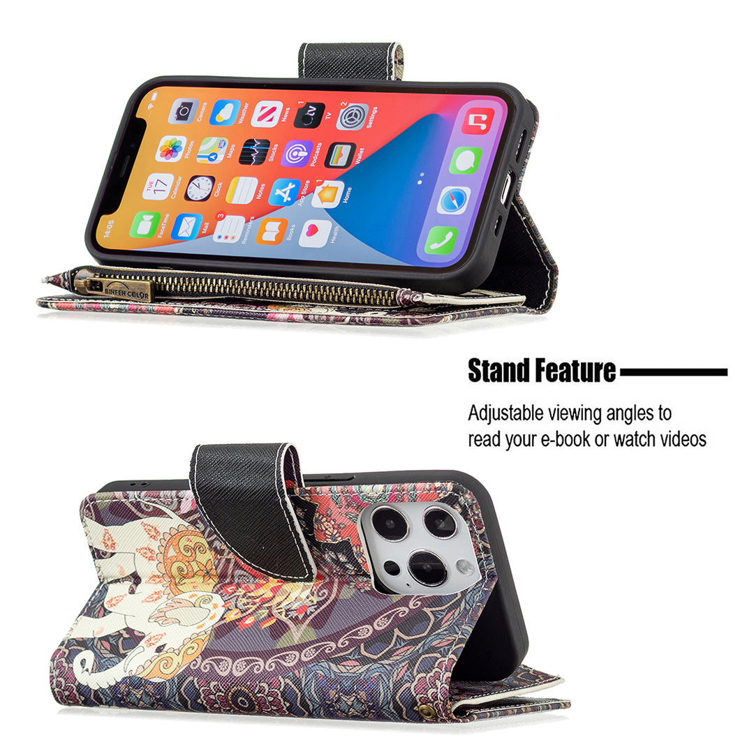 BF03 Pattern Printing Leather Stand Full Coverage Phone Cover with Wrist Strap and Zippered Wallet for iPhone 13 Pro 6.1 inch