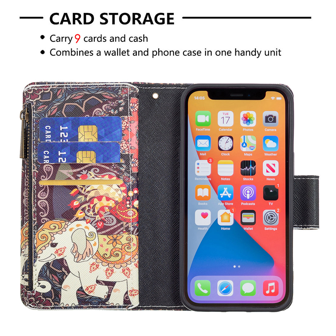 BF03 Pattern Printing Leather Stand Full Coverage Phone Cover with Wrist Strap and Zippered Wallet for iPhone 13 Pro 6.1 inch