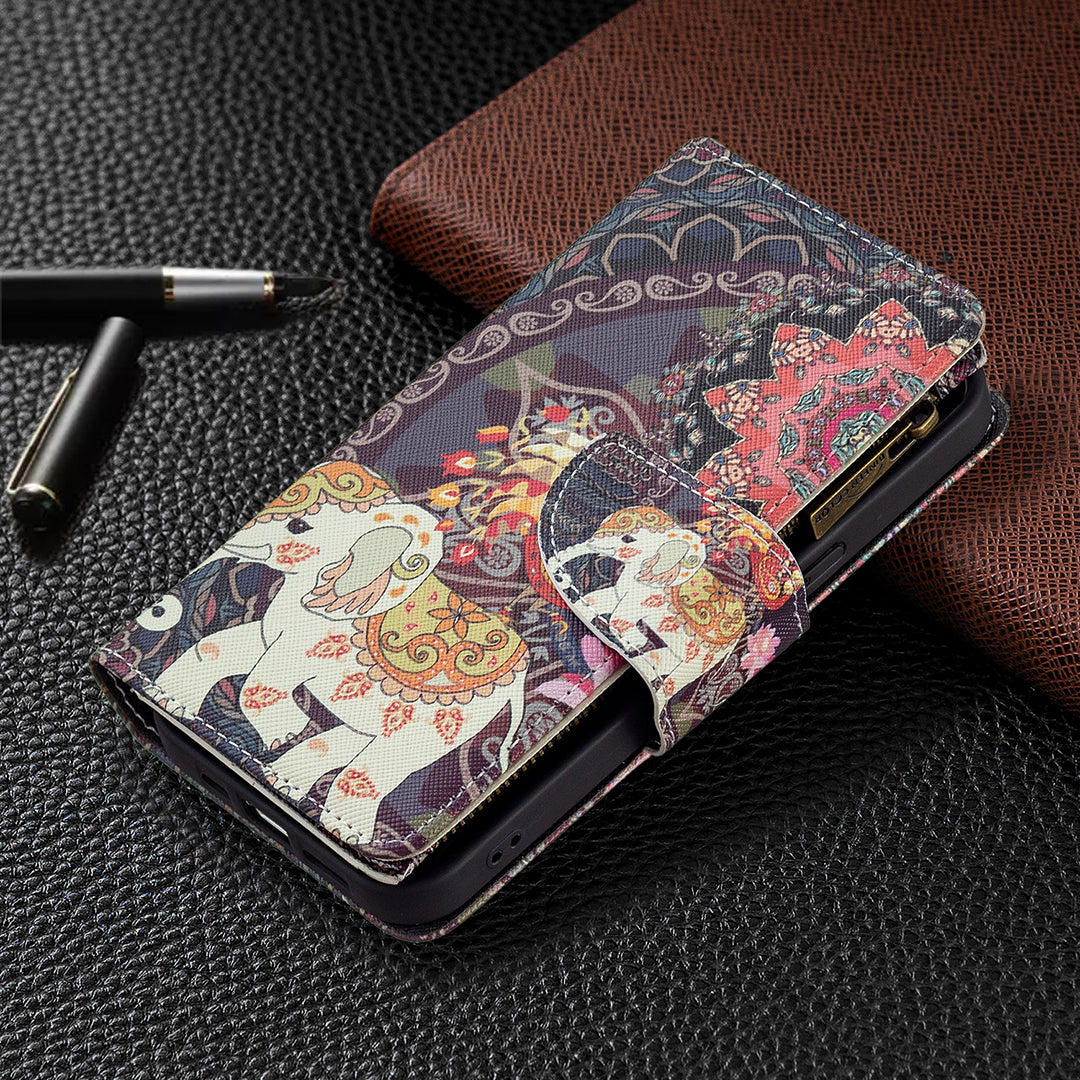 BF03 Pattern Printing Leather Stand Full Coverage Phone Cover with Wrist Strap and Zippered Wallet for iPhone 13 Pro 6.1 inch