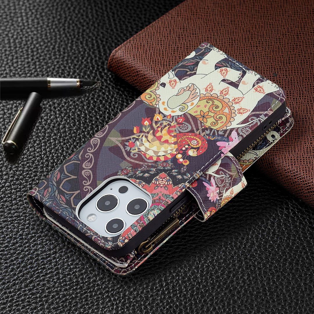 BF03 Pattern Printing Leather Stand Full Coverage Phone Cover with Wrist Strap and Zippered Wallet for iPhone 13 Pro 6.1 inch