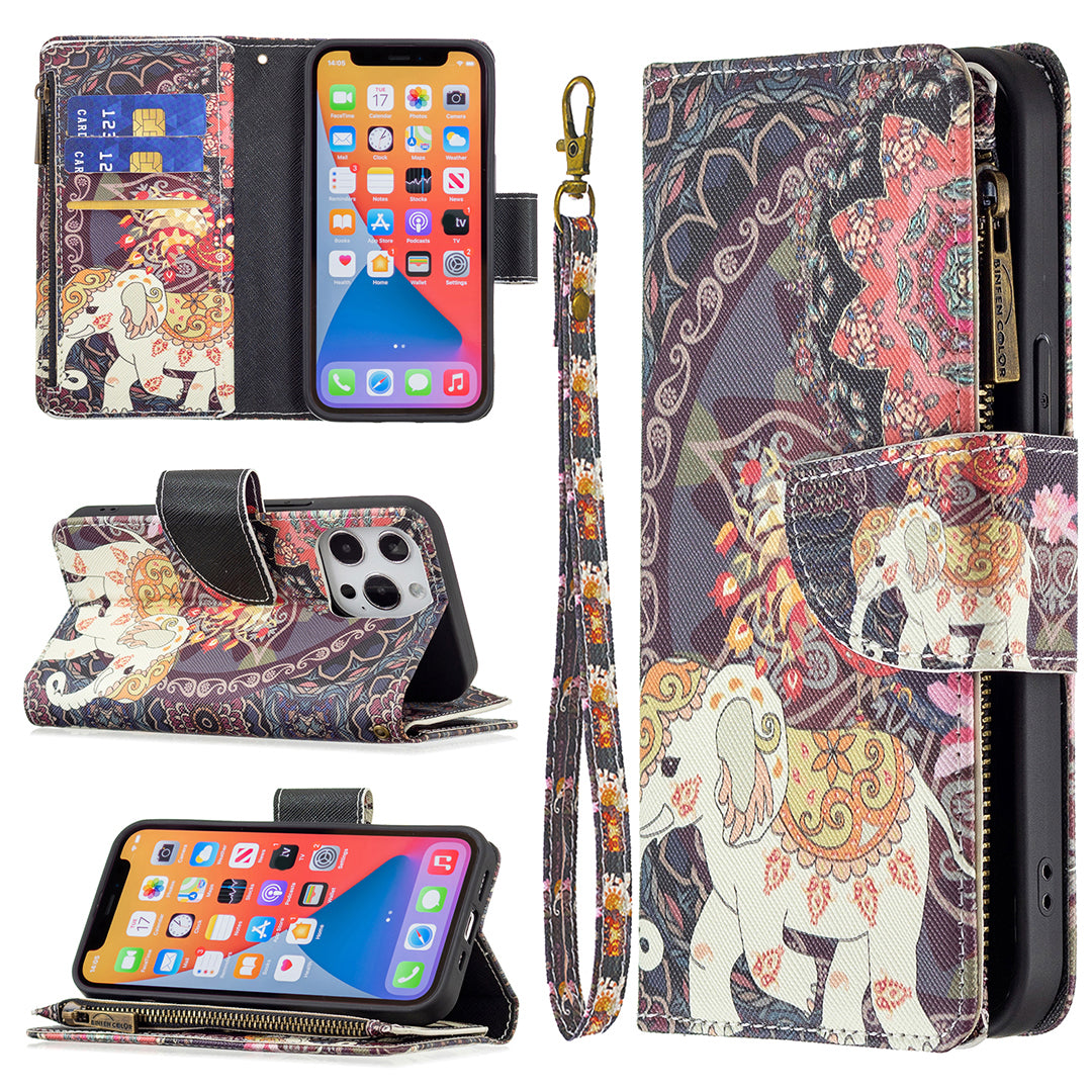 BF03 Pattern Printing Leather Stand Full Coverage Phone Cover with Wrist Strap and Zippered Wallet for iPhone 13 Pro 6.1 inch