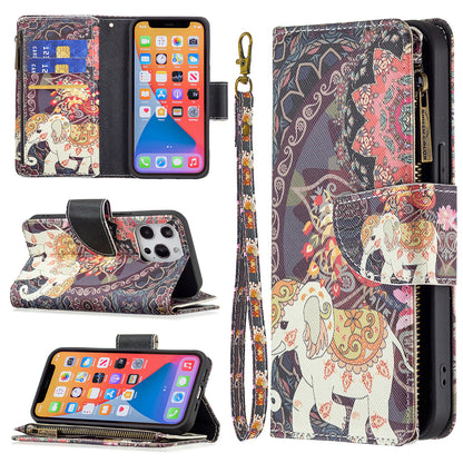 BF03 Pattern Printing Leather Stand Full Coverage Phone Cover with Wrist Strap and Zippered Wallet for iPhone 13 Pro 6.1 inch