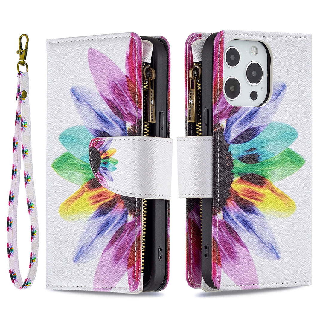 BF03 Pattern Printing Leather Stand Full Coverage Phone Cover with Wrist Strap and Zippered Wallet for iPhone 13 Pro 6.1 inch