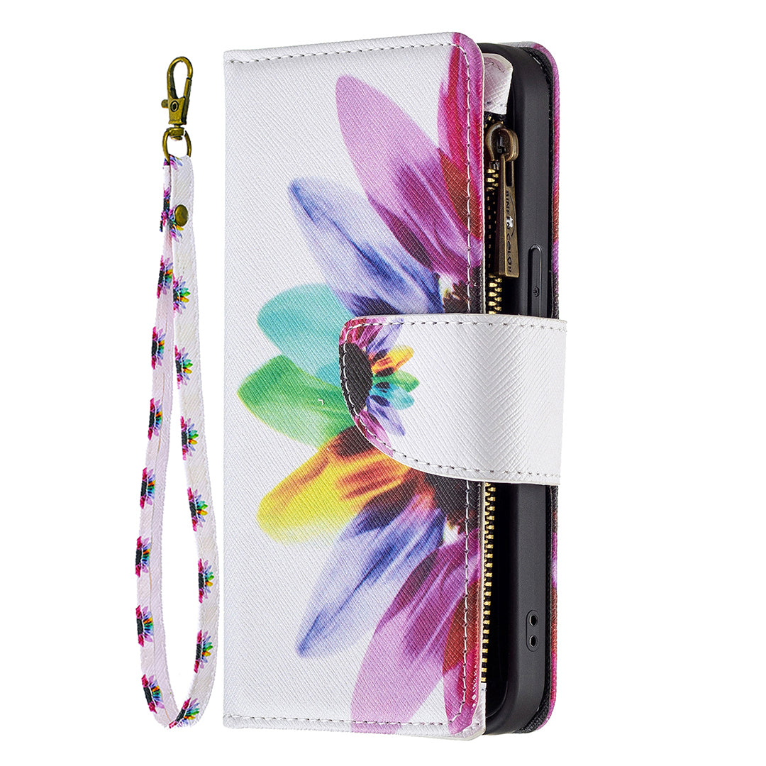 BF03 Pattern Printing Leather Stand Full Coverage Phone Cover with Wrist Strap and Zippered Wallet for iPhone 13 Pro 6.1 inch