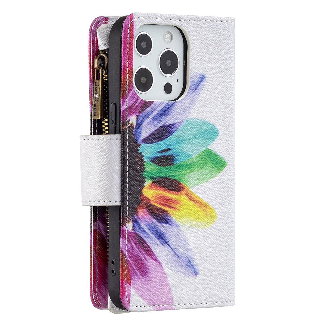 BF03 Pattern Printing Leather Stand Full Coverage Phone Cover with Wrist Strap and Zippered Wallet for iPhone 13 Pro 6.1 inch