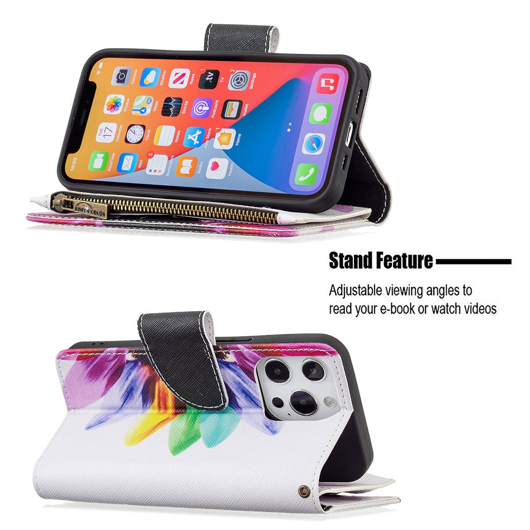 BF03 Pattern Printing Leather Stand Full Coverage Phone Cover with Wrist Strap and Zippered Wallet for iPhone 13 Pro 6.1 inch