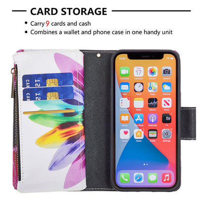 BF03 Pattern Printing Leather Stand Full Coverage Phone Cover with Wrist Strap and Zippered Wallet for iPhone 13 Pro 6.1 inch