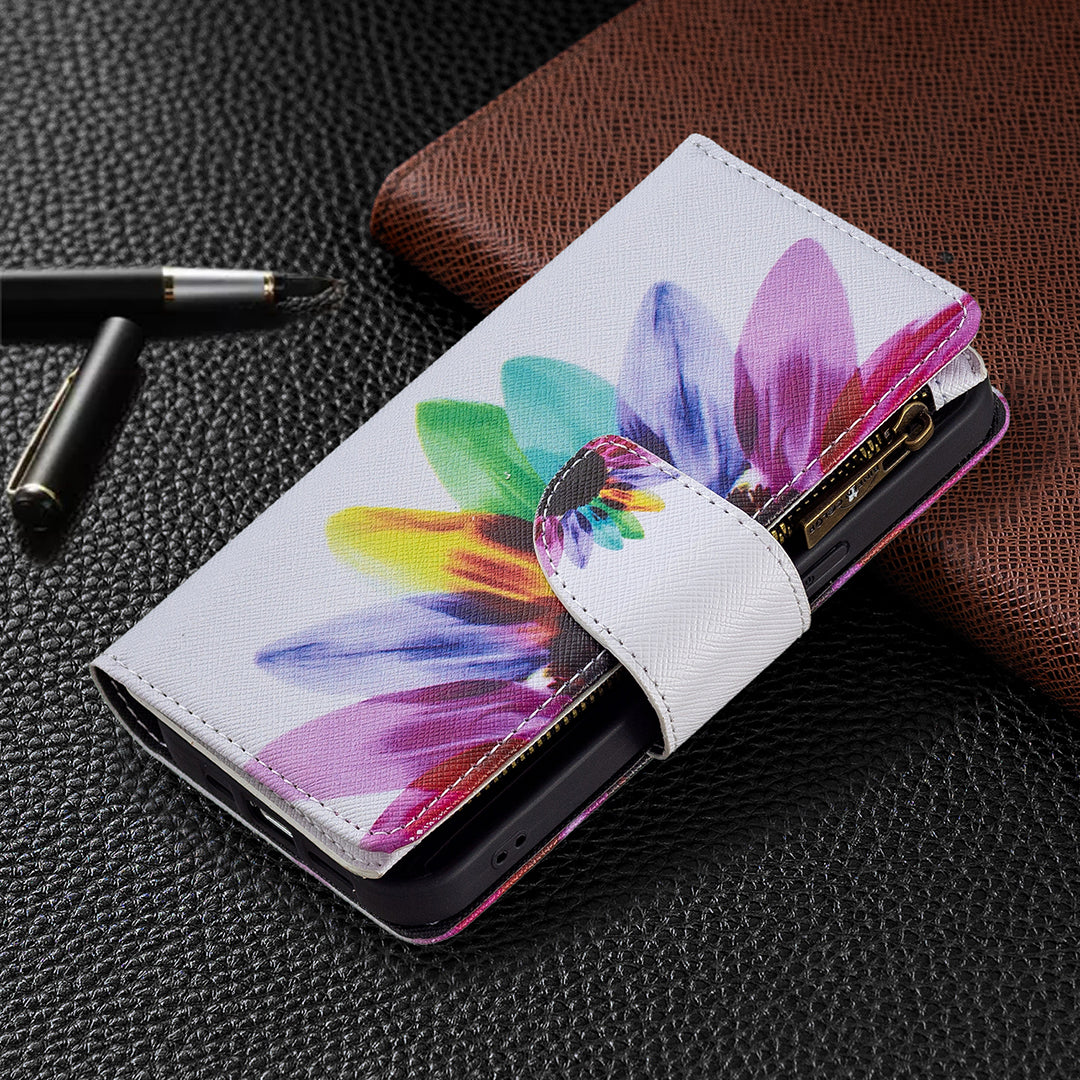BF03 Pattern Printing Leather Stand Full Coverage Phone Cover with Wrist Strap and Zippered Wallet for iPhone 13 Pro 6.1 inch