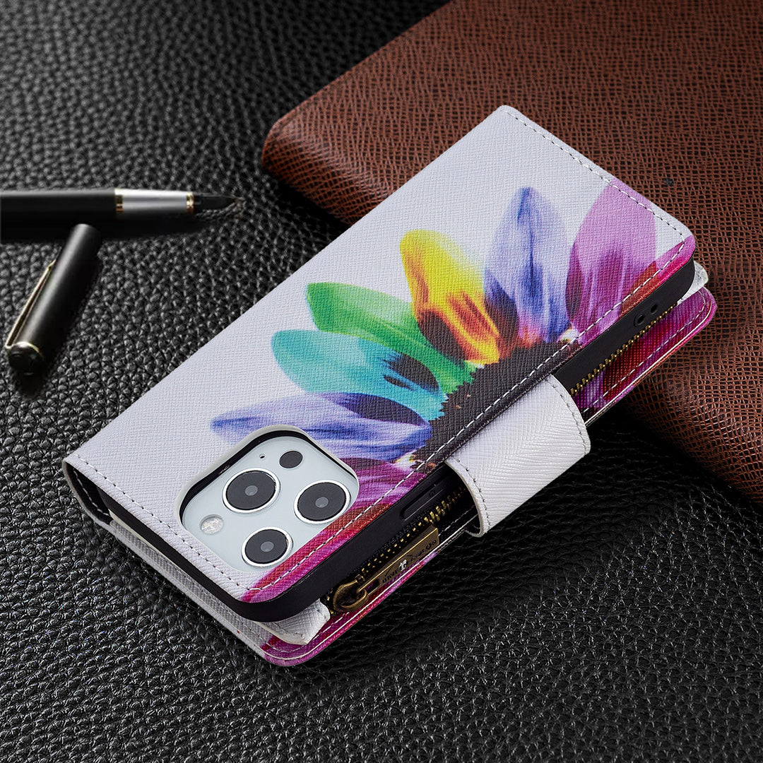 BF03 Pattern Printing Leather Stand Full Coverage Phone Cover with Wrist Strap and Zippered Wallet for iPhone 13 Pro 6.1 inch